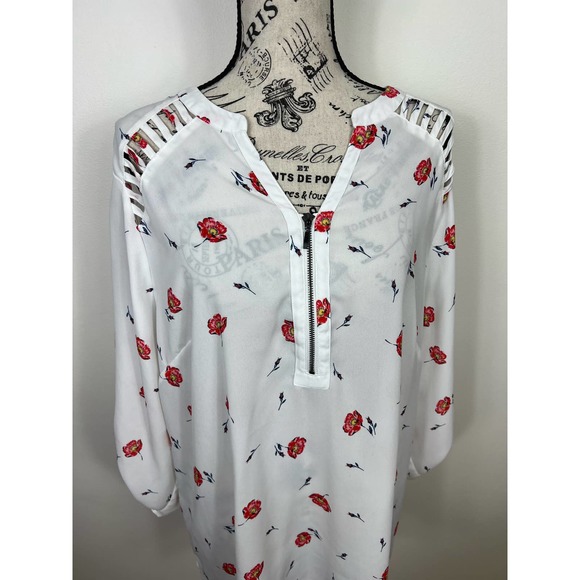 Maurices Semi Sheer white and red floral long sleeve V-neck Blouse - Picture 4 of 12